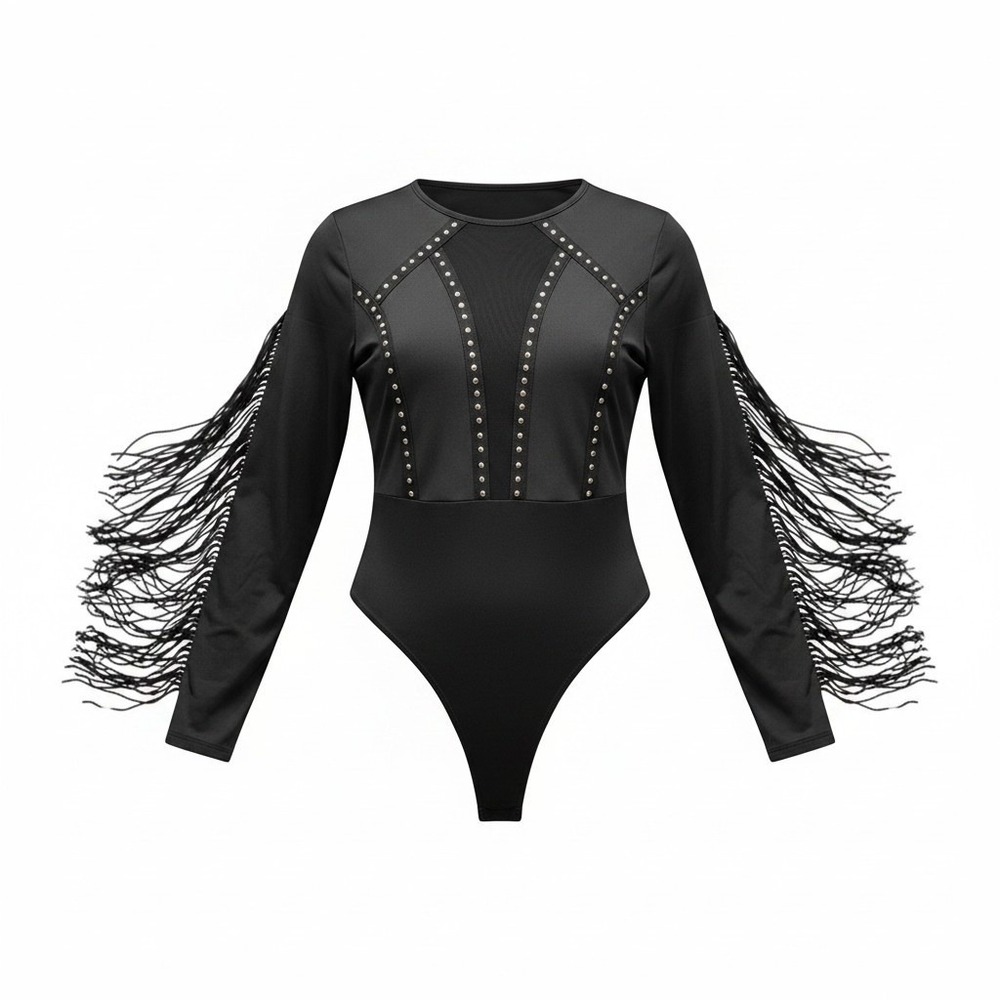 SweatyRocks Black Fringe Studded Mesh Long Sleeve Bodysuit XL Western Edgy